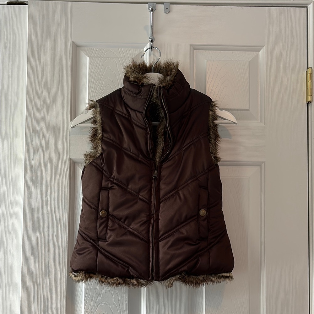 Reversible Brown Faux Fur Trim Puffer Vest